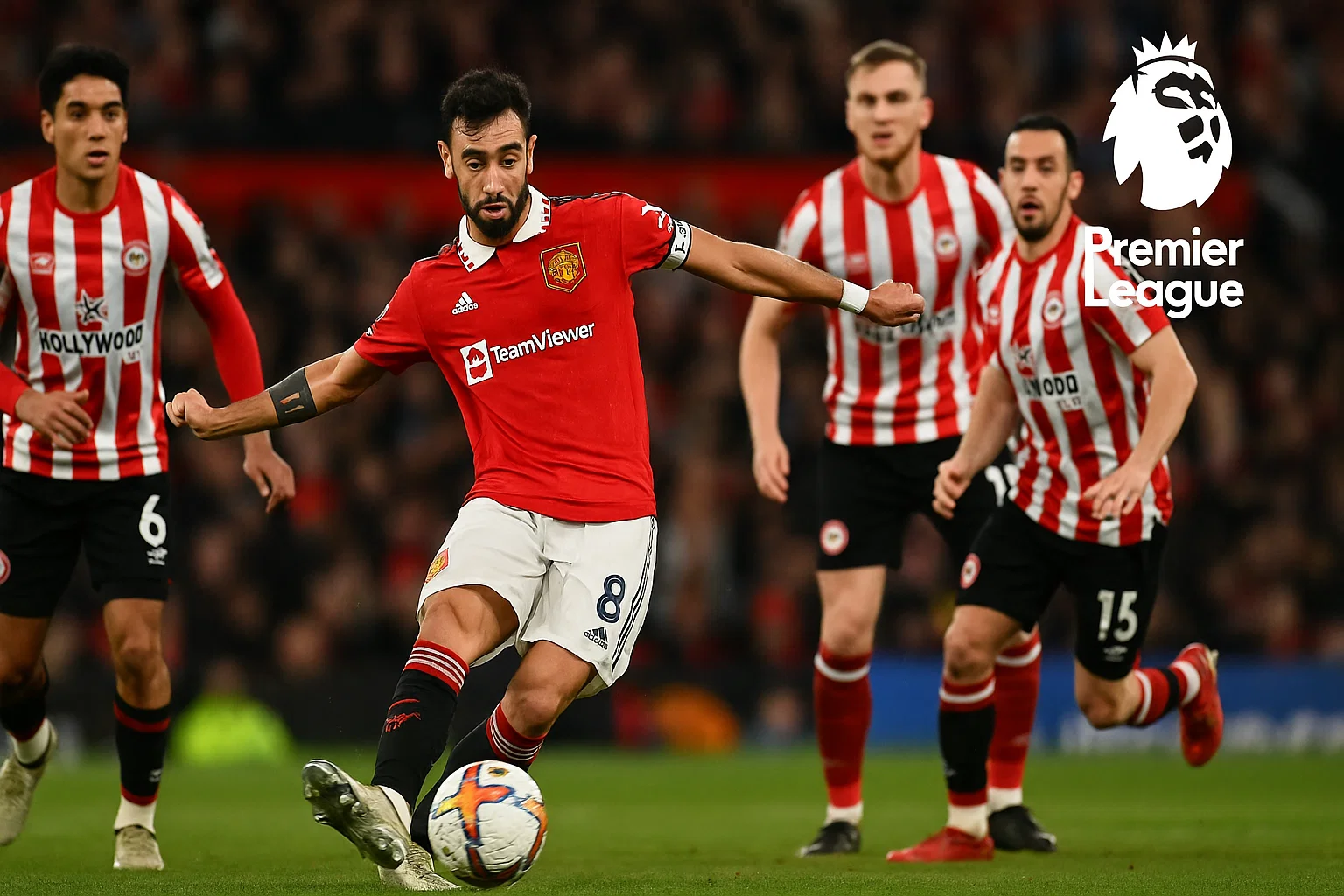 Bruno Fernandes thực hiện đường chuyền vượt tuyến trong thế trận bị Brentford vây ép.