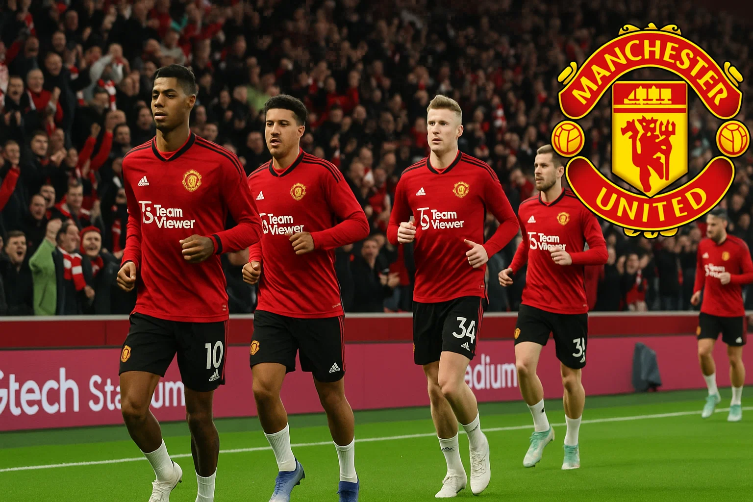 Các cầu thủ Manchester United khởi động trước sự cổ vũ cuồng nhiệt tại Gtech Stadium.