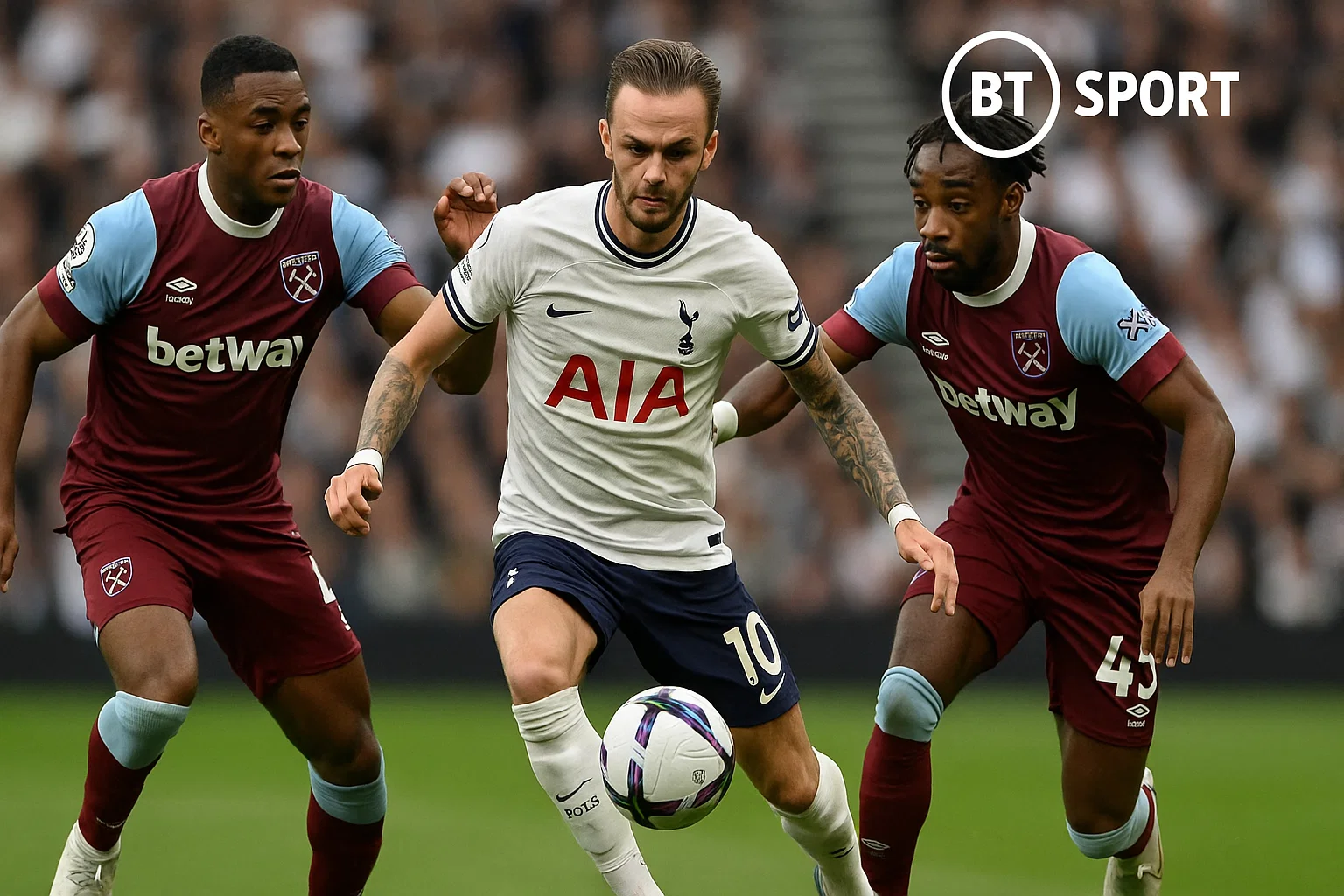 James Maddison bị kèm sát khi cố gắng luân chuyển bóng qua hàng tiền vệ West Ham.